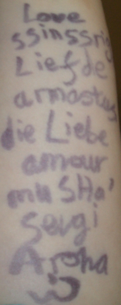 to write love on her arms day (left arm)